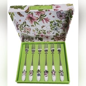 Portmeirion Botanic Garden Set of 6 Pastry Forks Porcelain Handles Floral Motifs